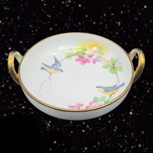 Hand Painted Nippon Fine Porcelain Dish Bowl Flower Bird Two Handled Vintage - Picture 12 of 14